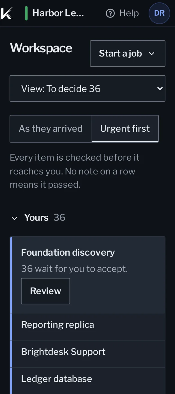 The Kanonik app on a phone, To decide: 36 records proposed by an AI assistant from a sample company’s cloud account and Google Workspace, each with its safety check passed, waiting for a person to accept.