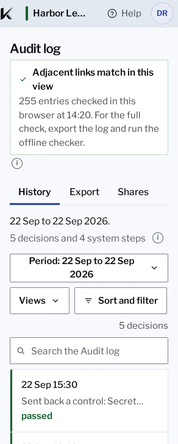 Kanonik’s Audit log on a phone, for Harbor Ledger, a sample company, on 22 September after Check the chain: adjacent links match in this view, 225 entries checked in this browser. The first decision, a control sent back by Dana, safety check passed.