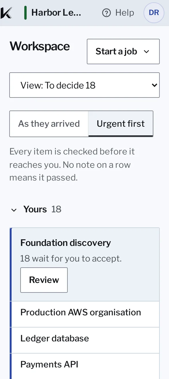 Kanonik’s To decide for Harbor Ledger, a sample company, after one discovery run: the request Foundation discovery, 18 items, each with its safety check passed, and the status line Checked 18 drafts, 18 passed.