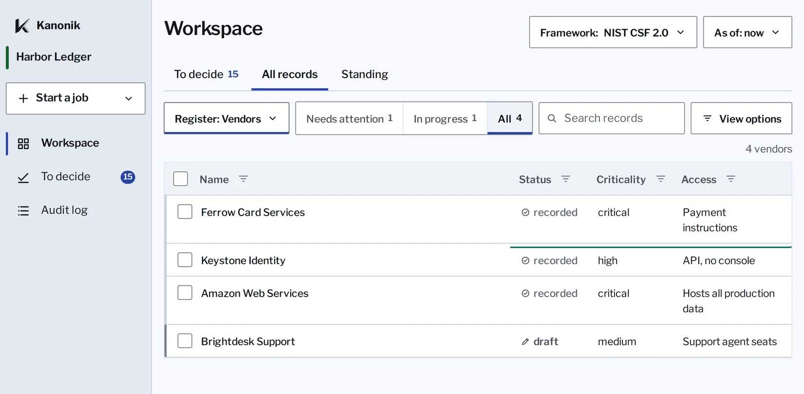 Kanonik’s vendor register for Harbor Ledger, a sample company: Ferrow Card Services, Keystone Identity, Amazon Web Services and Brightdesk Support.
