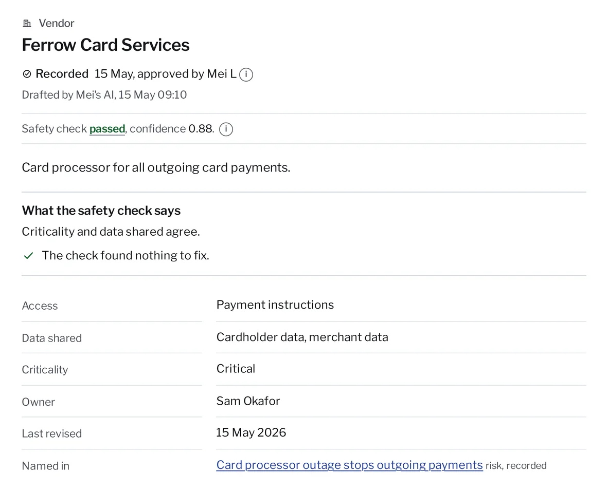 The vendor Ferrow Card Services in Kanonik: recorded 15 May, approved by Mei L. Safety check passed: criticality and data shared agree. Access: payment instructions. Data shared: cardholder data, merchant data. Criticality: critical. Owner: Sam Okafor. Named in: Card processor outage stops outgoing payments, a recorded risk.