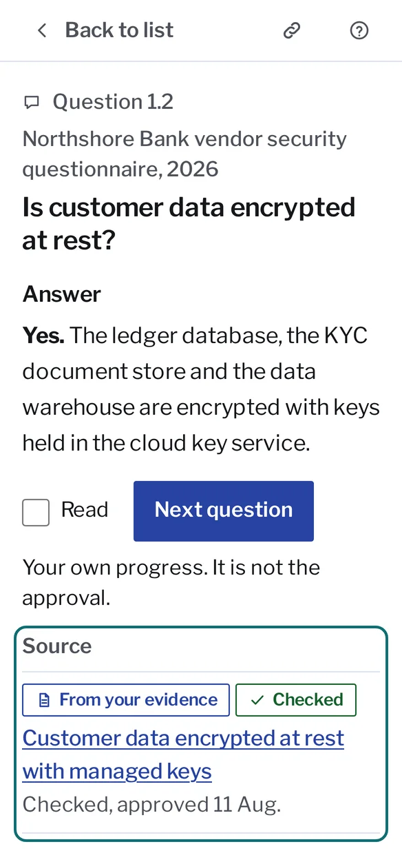 A buyer’s security questionnaire in Kanonik, Northshore Bank vendor security questionnaire, 2026, 64 questions. Question 1.2, Is customer data encrypted at rest? The answer, Yes, from the Record, and its source: approved evidence, checked.