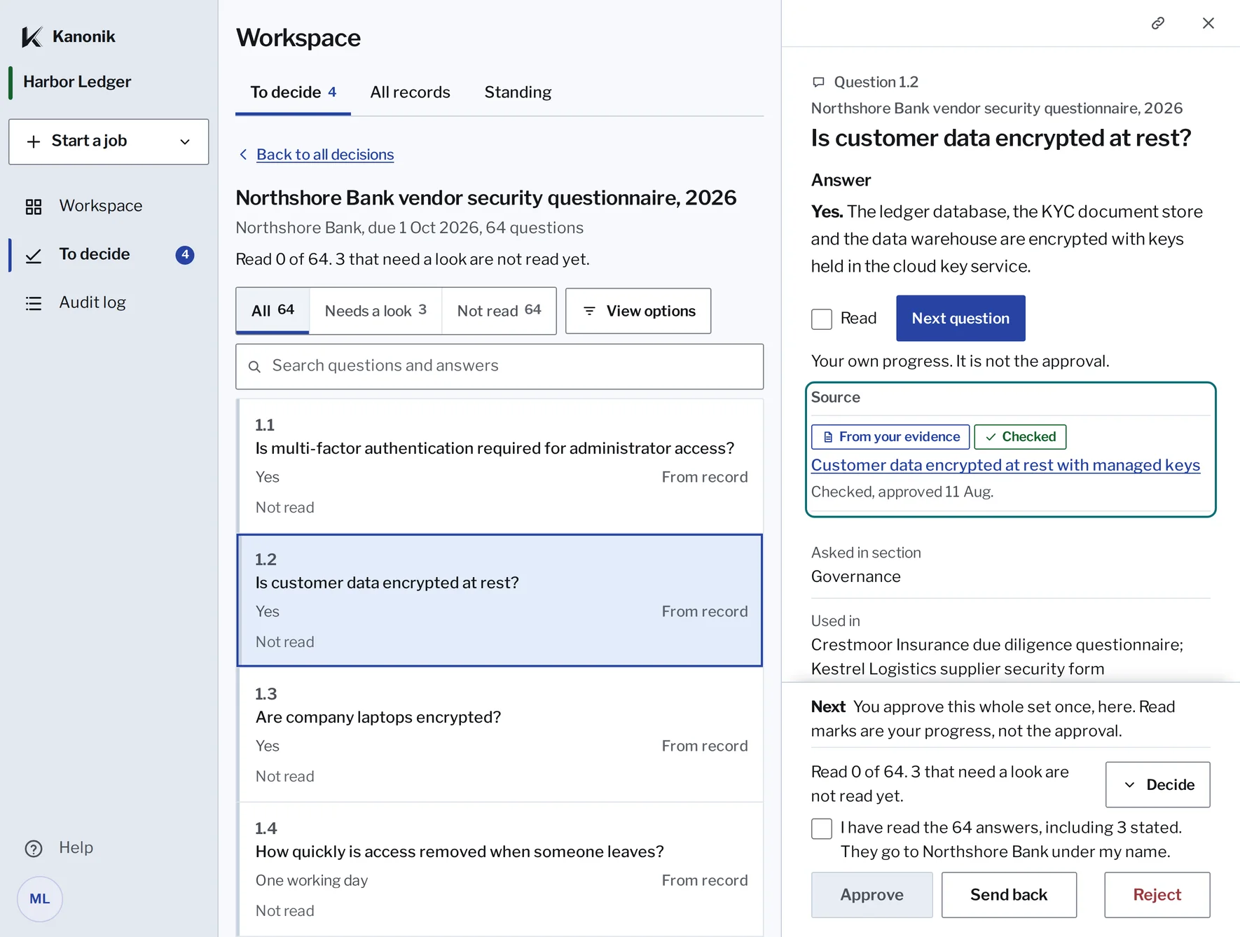 A buyer’s security questionnaire in Kanonik, Northshore Bank vendor security questionnaire, 2026, 64 questions. Question 1.2, Is customer data encrypted at rest? The answer, Yes, from the Record, and its source: approved evidence, checked.