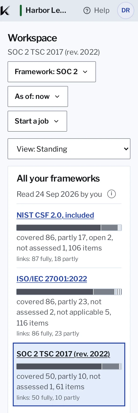 Kanonik’s Standing for Harbor Ledger, a sample company, for all its frameworks: NIST CSF 2.0 86 of 106 covered; ISO/IEC 27001:2022 86 of 116 covered; SOC 2 TSC 2017 (rev. 2022) selected, 50 covered, 10 partly, 0 open and 1 undecided of 61 items. Under the table, the SOC 2 counts again: covered 50, partly 10, open 0.