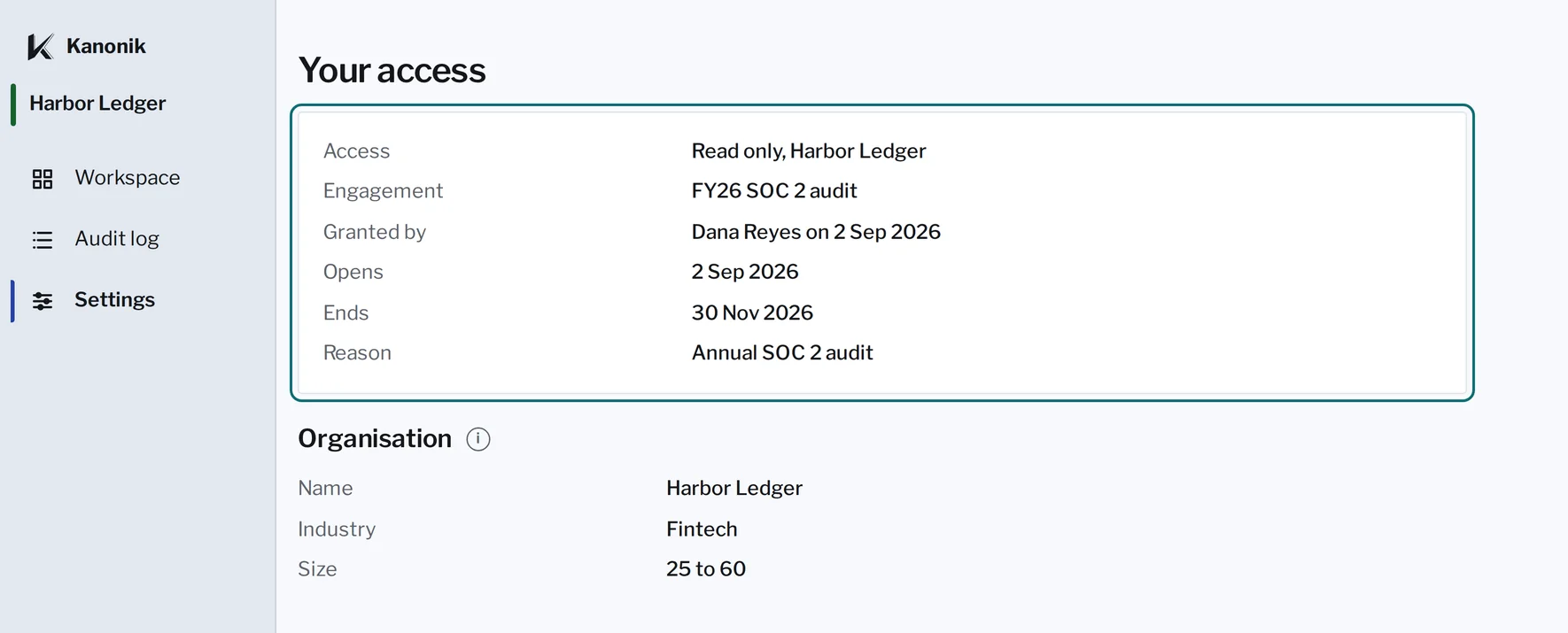 Kanonik’s Settings as an auditor, Priya Shah, sees them in Harbor Ledger’s workspace, a sample company. Your access: read only, Harbor Ledger; engagement FY26 SOC 2 audit; granted by Dana Reyes on 2 Sep 2026; opens 2 Sep 2026; ends 30 Nov 2026; reason Annual SOC 2 audit.