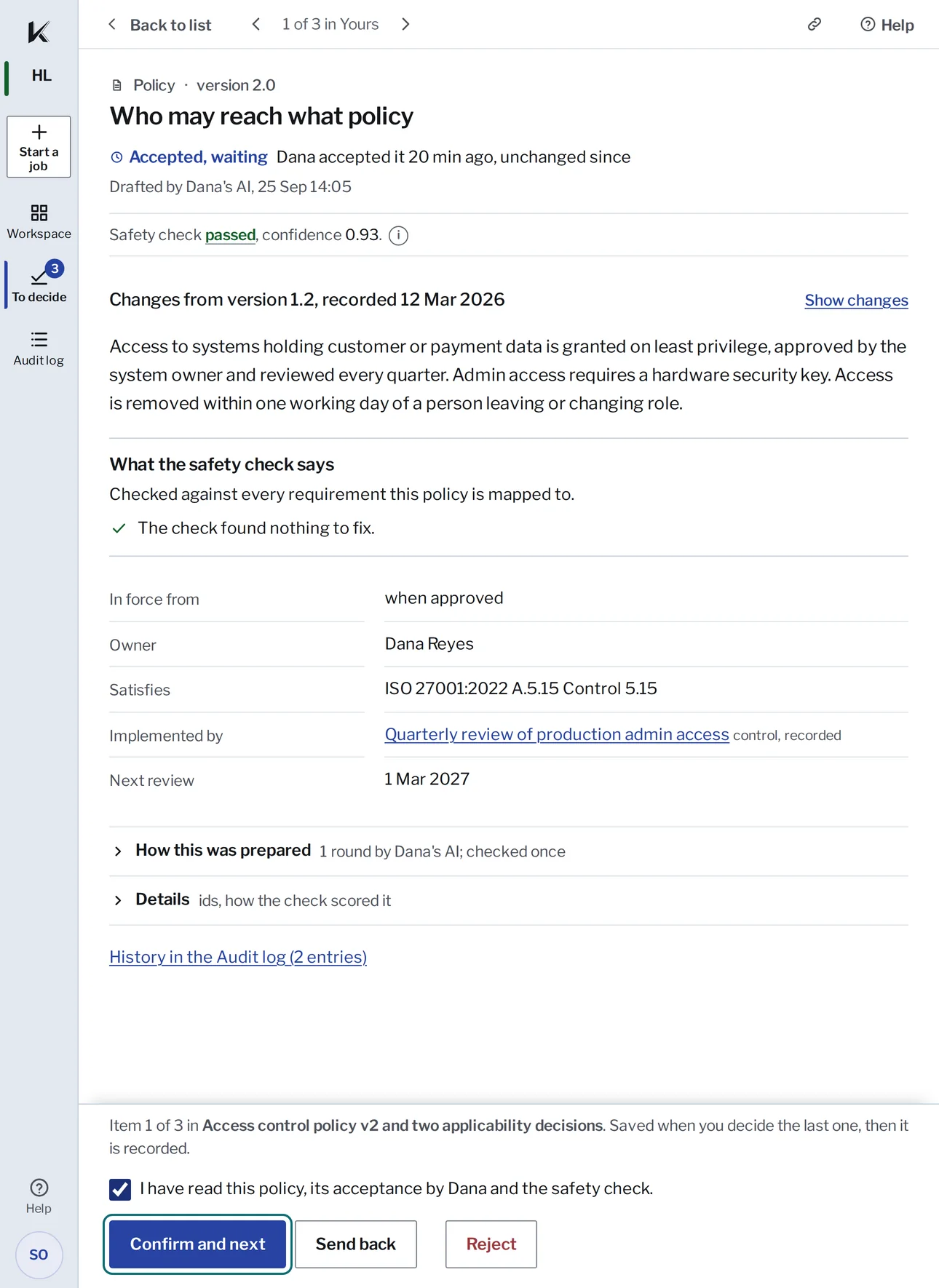 Kanonik’s To decide for Harbor Ledger, a sample company, signed in as Sam Okafor: the policy Who may reach what policy, item 1 of 3 in the request Access control policy v2 and two applicability decisions, accepted by Dana and waiting on Sam. The safety check passed, the changes from version 1.2 are marked, the box I have read this policy, its acceptance by Dana and the safety check is ticked, and Confirm and next is outlined.