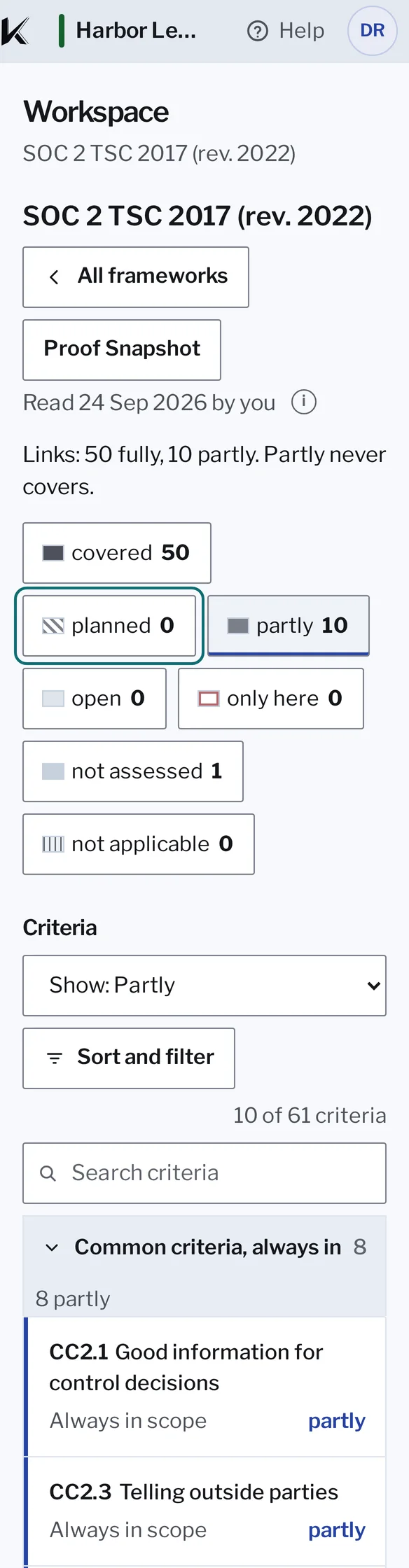 Kanonik’s Standing page for SOC 2 on a phone, for Harbor Ledger, a sample company: 50 criteria covered, 10 partly (outlined), 0 open, 0 only here, 1 not decided, 0 not applicable. Below it the criteria list on its Partly tab, 10 of 61 criteria, starting with CC2.1 and CC2.3, each marked partly.