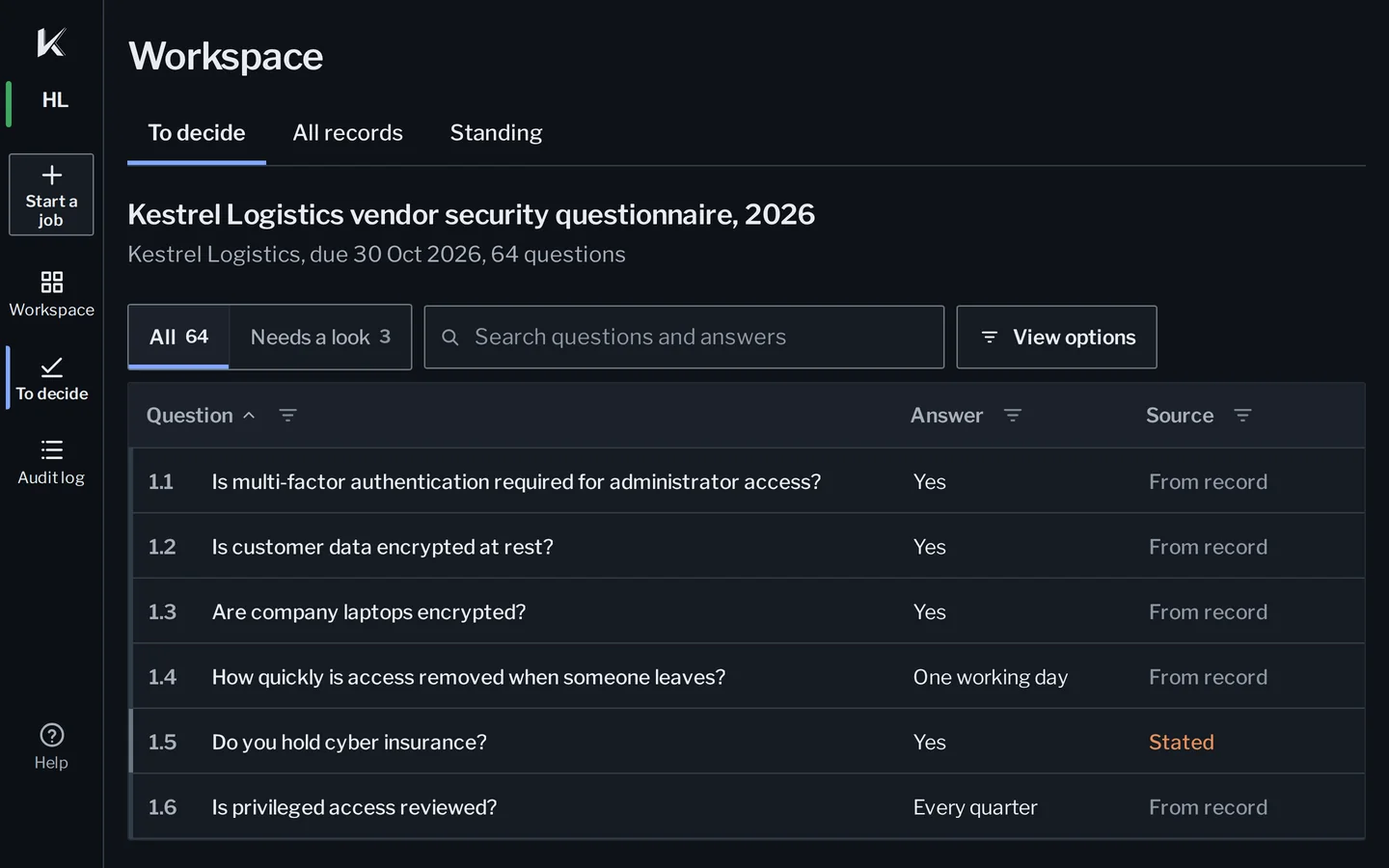Kanonik’s To decide: the Kestrel Logistics vendor security questionnaire, 2026, 64 questions. Each answer shows its source; the first ones come from the record, and question 1.5, about cyber insurance, is stated by the company.
