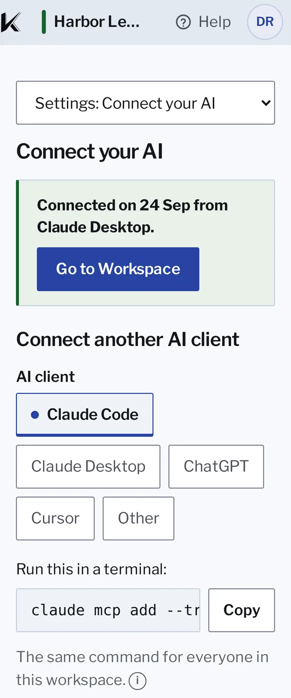 Kanonik’s Connect your AI screen on a phone, for Harbor Ledger, a sample company: connected on 24 Sep from Claude Desktop, then the choice of AI client (Claude Code, Claude Desktop, ChatGPT, Cursor, Other) and the one line to copy.