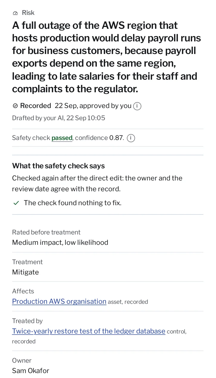 One record open from the list: a risk, a full outage of the AWS region that hosts production. Recorded 22 Sep and approved by the signed-in user, the safety check passed with nothing to fix, treated by a control, owned by Sam Okafor, placed against ISO/IEC 27001:2022 A.8.13.